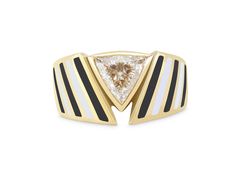 Bezel-set with a triangular brilliant cut diamond, flanked by angled black and white enamel lines, in 18k yellow gold. Luxury Gold Enamel Ring With Diamond Accents, Fine Jewelry Yellow Gold Enamel Ring With Diamond Accents, Art Deco Yellow Gold Ring With Black Enamel, Luxury Vintage Enamel Diamond Ring, Luxury Enamel Ring With Single-cut Diamonds, David Webb, Jewellery Marketing, Enamel Bracelet, Enamel Ring