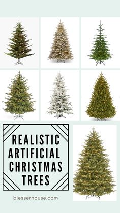 christmas trees with the words realistic artificial christmas trees on them in different styles and colors