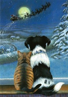 two dogs and a cat are looking out the window at santa's sleigh