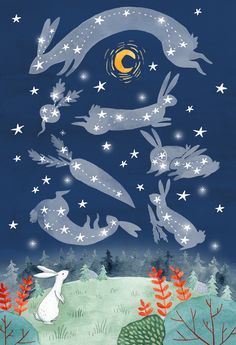 an illustration of rabbits flying in the night sky