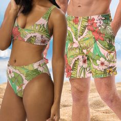 His Hers Matching Couples Swimsuit Set Matching Beach Outfits Couples, Couple Swimming, Beach Honeymoon, Swimming Suits, Vintage Tropical, Blue Shark, Eco Fabric, Beach Getaway, Matching Swimwear