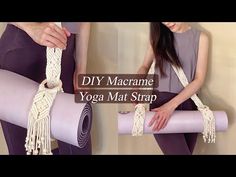 a woman is holding a yoga mat with the words diy macrame