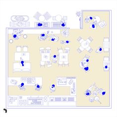 a drawing of a living room and kitchen area with blue dots on the flooring