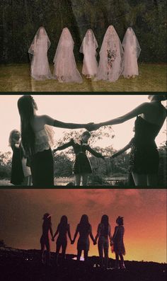 four different pictures with the same person holding hands and two women in white dresses, one woman