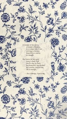 a blue and white floral pattern with a poem written in the center on it's side