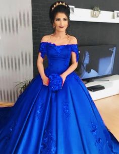 royal blue wedding Gown lace off the shoulder dresses Navy Blue Ball Gown, Engagement Theme, Wedding Gown Lace, Blue Wedding Gowns, Silver Wedding Dress, Wedding Ball Gown, Quinceañera Dresses, Off The Shoulder Dresses, Sweetheart Homecoming Dress