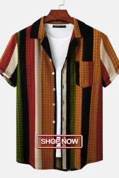 New Men's Cotton Linen Stripe Short Sleeve Shirt Multicolor Casual Collar Top, Multicolor Casual Collar Shirt, Multicolor Casual Shirt With Casual Collar, Casual Multicolor Shirt With Casual Collar, Casual Multicolor Collared Shirt, Casual Multicolor Relaxed Fit Short Sleeve Shirt, Multicolor Relaxed Fit Short Sleeve Shirt, Casual Multicolor Button-up Short Sleeve Shirt, Casual Striped Shirt With Graphic Print