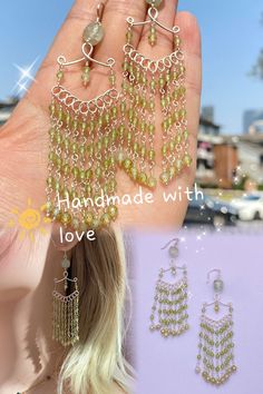 This is a long drop earring made of Peridot , the hook we made with S925,the other wire is non-Tarnish copper wire , So the total cost it not so much high.you can afford it #longdropearring#wirewrap#wirejewelry#handmadejewelry#DIYearring#bohoearring#Beachstyle#Peridotjewelry#wire work Handmade Adjustable Green Wrap Earrings, Adjustable Handmade Green Wrap Earrings, Green Beaded Earrings For Festival, Bohemian Green Wrap Earrings As Gift, Bohemian Green Wrap Earrings Gift, Bohemian Green Wrap Earrings For Gift, Handmade Green Wrap Earrings As Gift, Handmade Lime Green Dangle Earrings, Bohemian Hand-wrapped Dangle Earrings