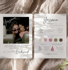 the wedding program is displayed on top of a sheet of paper with an image of two women