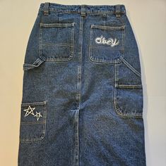 Nwot Obey Carpenters Denim Skirt Back Split Waist 28" Denim Blue Skirt For Streetwear, 90s Denim Blue Skirt With Pockets, 90s Style Blue Cotton Denim Skirt, 90s Blue Cotton Denim Skirt, 90s High Waist Denim Skirt, 90s High Rise Denim Skirt With Pockets, Denim Skirt, Womens Skirt, Split