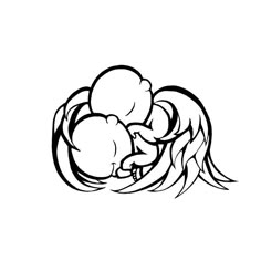 a black and white drawing of a baby bird in its mother's nest with her eggs