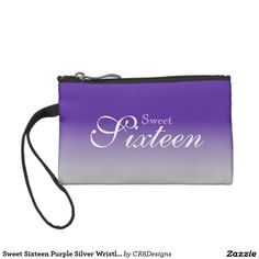 a purple and white clutch bag with the words sweet sixteen on it's side