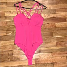 Never Worn Hot Pink Bodysuit With Multiple Straps Fitted Strappy Bodysuit For Spring, Spring Party Strappy Swimwear, Fitted Strappy Bodysuit For Party, Hot Pink Bodysuit, Pink Bodysuit, Pink Body, Body Suit, Charlotte Russe, Hot Pink