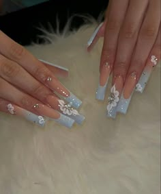 Baby Blue Acrylic Nails, Quince Nails, Blue Acrylic Nails, Girly Acrylic Nails, Long Square Acrylic Nails, Unique Acrylic Nails, Bling Acrylic Nails, Acrylic Nails Coffin Short