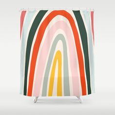 a shower curtain with multicolored stripes on the outside and inside, in front of a white background