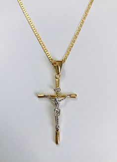 18K Gold Filled Cross Jesus 22 Long Necklace for Protection / 18k Gold Filled Cadena De Cruz Para Proteccion 22 Largo P1714-2T - Etsy Cross Necklace Long, Gold Crucifix With Figaro Chain Jewelry, Gold Plated Crucifix Jewelry With Adjustable Chain, Gold Plated Crucifix Necklace Tarnish Resistant, Gold Plated Tarnish Resistant Crucifix Necklace, Gold-plated Tarnish-resistant Crucifix Necklace, Gold Crucifix Necklace With Box Chain, Gold Crucifix Box Chain Jewelry, Gold Crucifix Jewelry With Box Chain