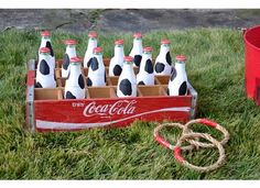 a crate full of coca - cola bottles sitting in the grass