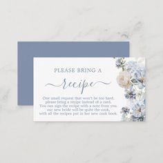 a blue and white floral recipe card with the words please bring a recipe on it