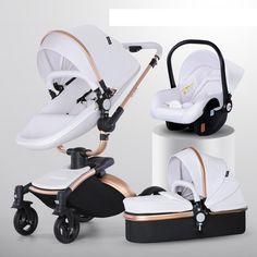 the baby stroller is white and gold