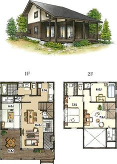 two floor plans for a small cabin with lofts and living areas, including the kitchen