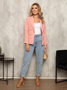 Rosa Bebê  Collar     Embellished Blazer Rosa, Look Plus Size, Outfit Primavera, Blazer Fashion, Look Plus, Blazers For Women, Jean Outfits, Suits For Women, Women Clothing