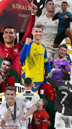 the collage shows many different soccer players, including two men and one is holding a trophy