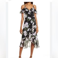 Chelsea28 Flounce Wrap Midi Dress From Nordstrom, Black Leona Floral Size Xs Chelsea 28 Wrap Dress, Wrap Midi Dress, Fit Style, Nordstrom Dresses, Dresses Xs, Wrap Style, Clothing Items, Ruffles, Cold Shoulder Dress