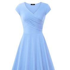 Light Blue V-neck Solid Color Dress, Blue Stretch V-neck Dress, Light Blue V-neck Dress, Blue V-neck Elastane Dress, Blue Stretch Elastane Midi Dress, Blue Knee-length Elastane Dress, Blue Elastane Knee-length Dress, Fitted Blue V-neck Dress, Fitted Light Blue Short Sleeve Midi Dress