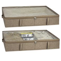 two brown storage boxes with clothes in them