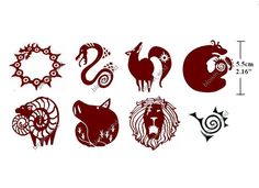 the chinese zodiac symbols and their meanings are drawn in red ink on a white background