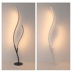 two different angles of a lamp on a white surface with one light turned off and the other turned off