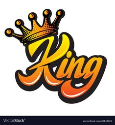 the word king with a crown on it's head and an orange flame behind it