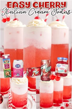 easy cherry italian ice cream sodas with whipped cream and cherries on the rim