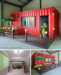 two pictures side by side one has a red shipping container and the other has green furniture