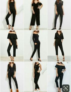 six photos of different types of black pants and top with one woman in the middle