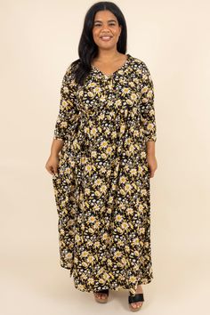 Chic Soul plus size clothing, black and yellow floral patterned maxi dress Spring Black Printed Maxi Dress, Spring Printed Black Maxi Dress, Black Floral Print Maxi Dress For Vacation, Black Floral Print Maxi Dress For Spring, Black Printed Maxi Dress, Black Flowy Floral Maxi Dress, Black Floral Print Maxi Dress For Fall, Printed Yellow Maxi Dress, Black Floral Print Maxi Dress