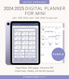 an ipad with the text, instant digital planner for mini on it and a purple background