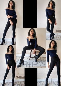 a collage of photos of a woman posing in black pants and off the shoulder top