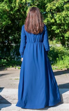 blue Pleated Sleeve Maxi Dress back high-waist Modest Dress, Pleated Sleeves, Business Tops, Maxi Dress Navy, Sleeve Maxi Dress, Maxi Dress With Sleeves, Modest Fashion, Dress Making, Soft Fabric