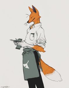 a drawing of a fox wearing a chef's outfit and holding a knife in his hand