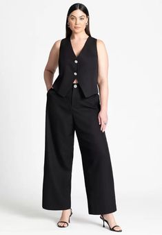 Crystal Button Fitted Vest | Eloquii Womens Tailored Suit, Button Down Women, Fitted Vest, Straight Leg Pant, Career Dress, Straight Trousers, Swimsuits For All, Work Tops, Red Mini Dress