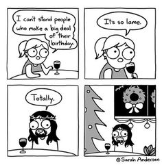 a comic strip with two women talking to each other and one man holding a wine glass