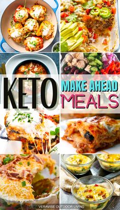 a collage of keto meals with the words make ahead meals above it and below