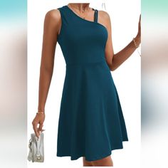 Lyaner Women's One Shoulder Dress A Line Swing Flared Skater Cocktail Mini Dress Color: Teal Blue Size: Xl Casual Dress With Asymmetrical Neckline, Casual Dresses With Asymmetrical Neckline For Night Out, Casual Stretch Dresses With Asymmetrical Neckline, Cocktail Mini Dress, Mini Cocktail Dress, Dress First, Teal Blue, One Shoulder Dress, Shoulder Dress