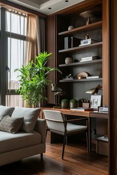 a living room filled with furniture and a large window covered in curtains next to a wooden floor