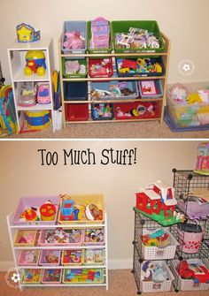 two shelves filled with toys and the words too much stuff?