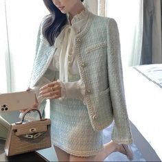 Stunning Luxury Two Piece Matching Set Skort Lining Lining Inside Skirt Is Shorts Style Two Piece Matching Set, Plaid Skirt Set, Yellow Mini Skirt, Tweed Set, Tweed Shorts, Red Mini Skirt, Blue Tweed, Estilo Preppy, Tweed Suits