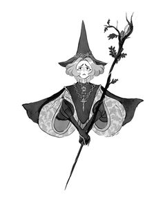 a drawing of a witch holding a wand