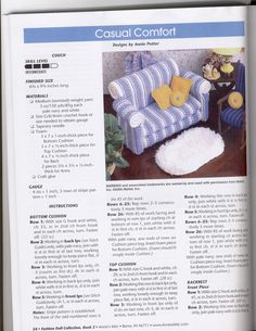 an article in a magazine features a blue and white striped chair with yellow pillows on it