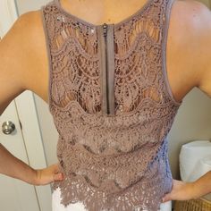 Crochet Lace Top In Taupe. Boho Chic. Literally Never Worn! Fitted Brown Crochet Top For Spring, Fitted Brown Lace Top, Brown Fitted Lace Top, Purple Bohemian Crochet Lace Top, Chic Crochet Lace V-neck Top, Beige Lace V-neck Top, Beige Crochet Lace V-neck Top, Stretch Crochet Top With Lace Trim, Sleeveless, Crochet Lace Top